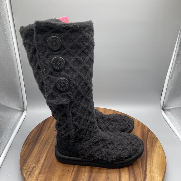 UGG Australia Boots Womens Size 7 Black Lattice Cardy Button Knit Tall 3066 - Picture 1 of 7